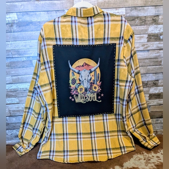 Hand Crafted Tops - New Wild Soul Upcycled Handcrafted Dip Dye Bleach Flannel Shirt